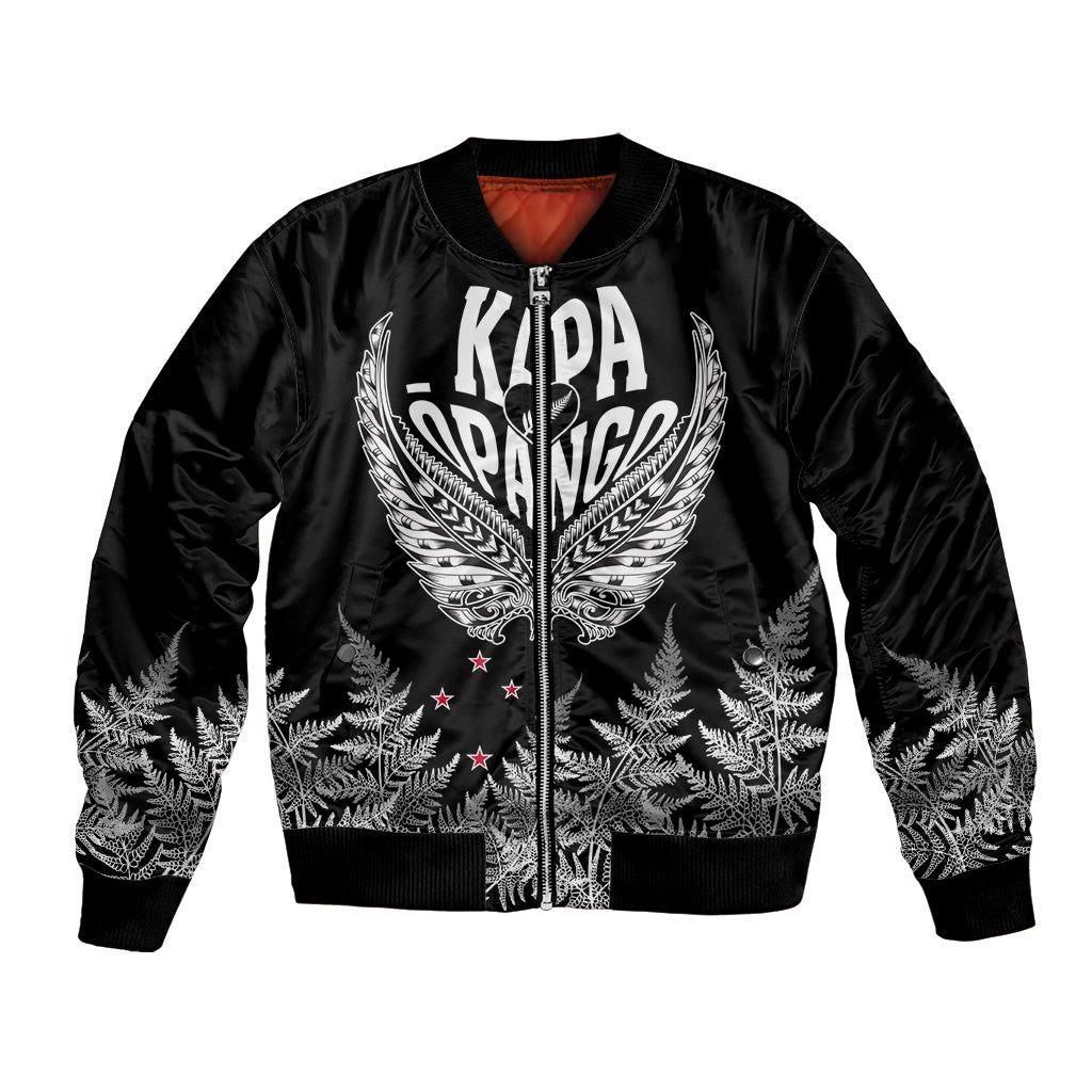 Black satin bomber jacket with silver fern wing emblem and small pink heart
