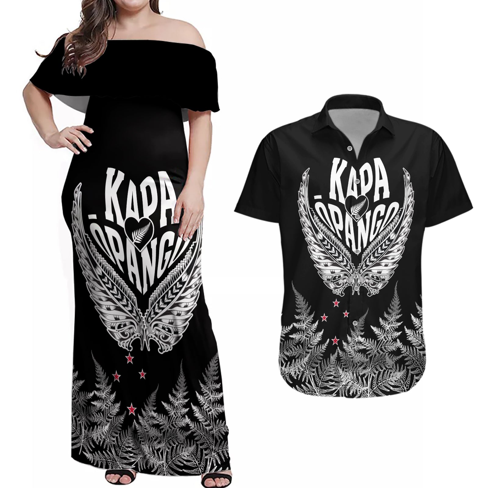 Custom New Zealand Rugby Couples Matching Off Shoulder Maxi Dress and Hawaiian Shirt NZ Opango Forever Silver Fern Heart - Wonder Print Shop