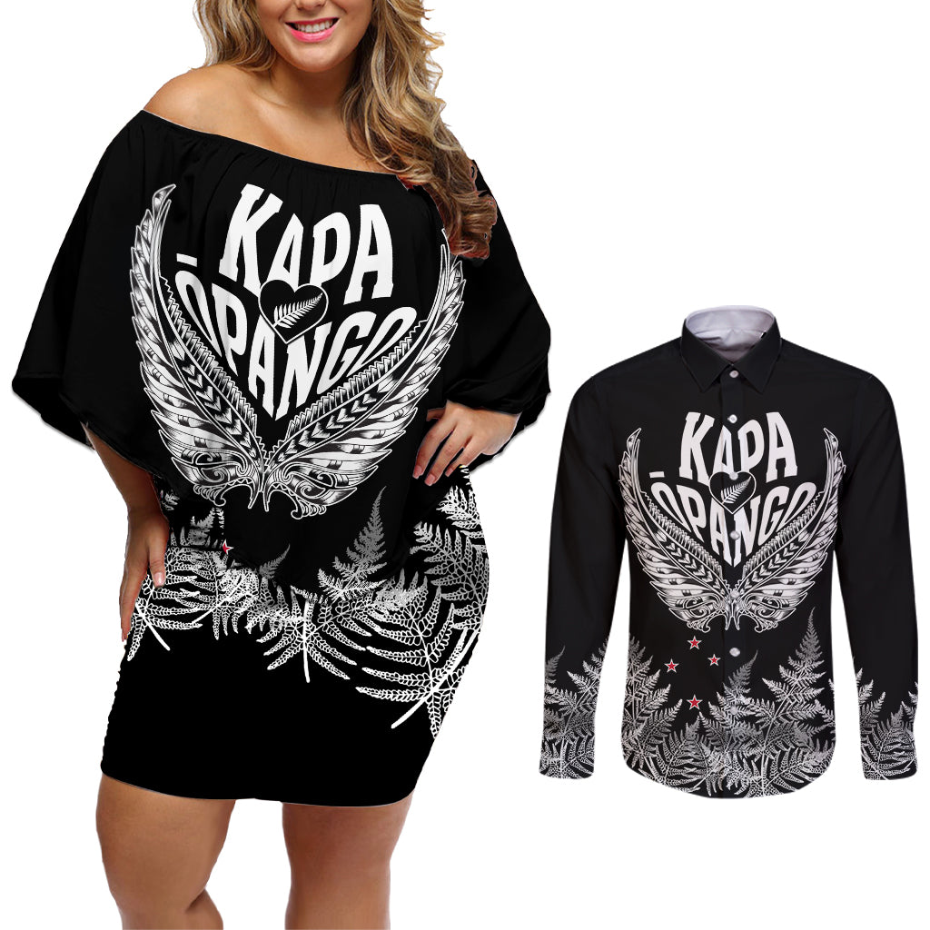 Custom New Zealand Rugby Couples Matching Off Shoulder Short Dress and Long Sleeve Button Shirt NZ Opango Forever Silver Fern Heart - Wonder Print Shop