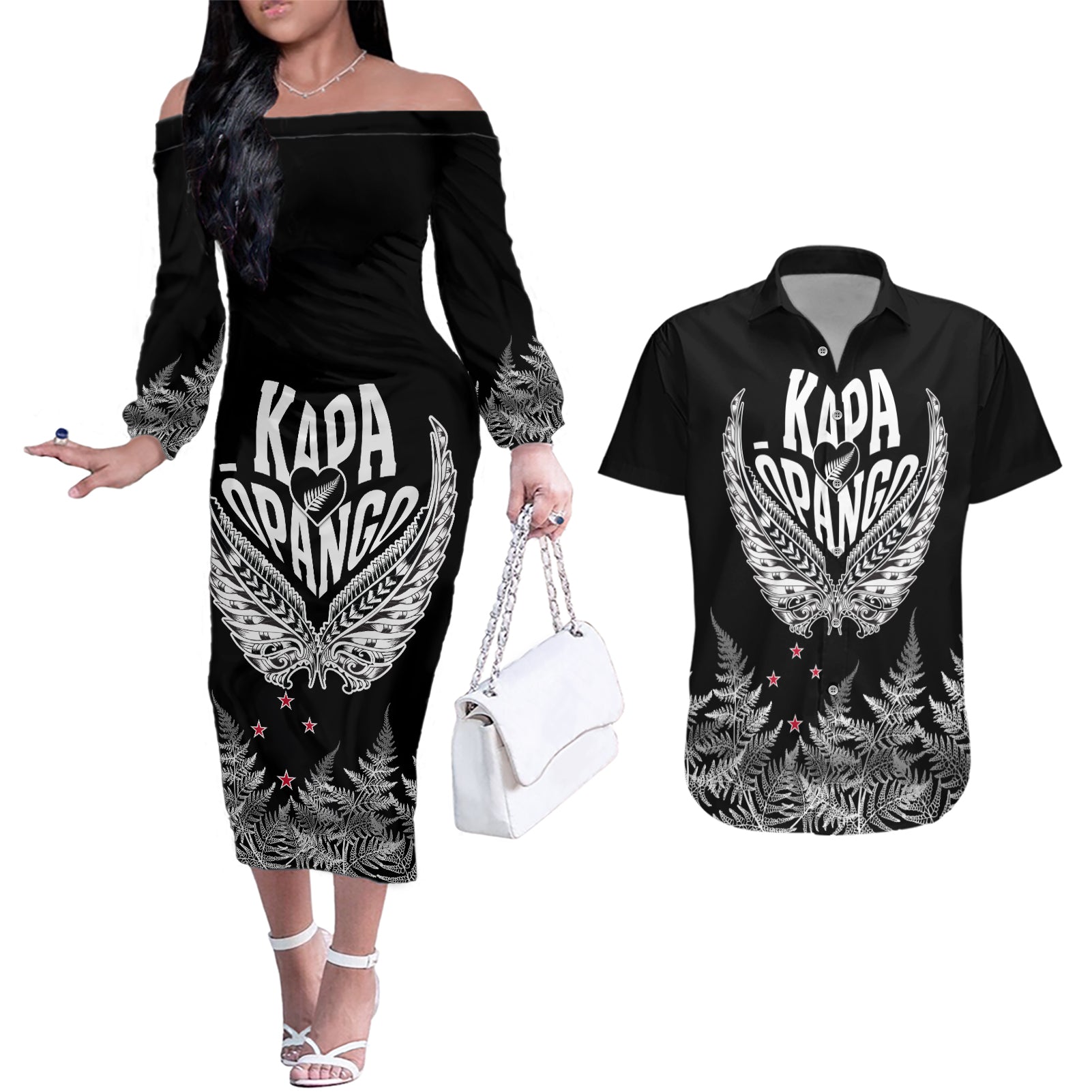 Custom New Zealand Rugby Couples Matching Off The Shoulder Long Sleeve Dress and Hawaiian Shirt NZ Opango Forever Silver Fern Heart - Wonder Print Shop