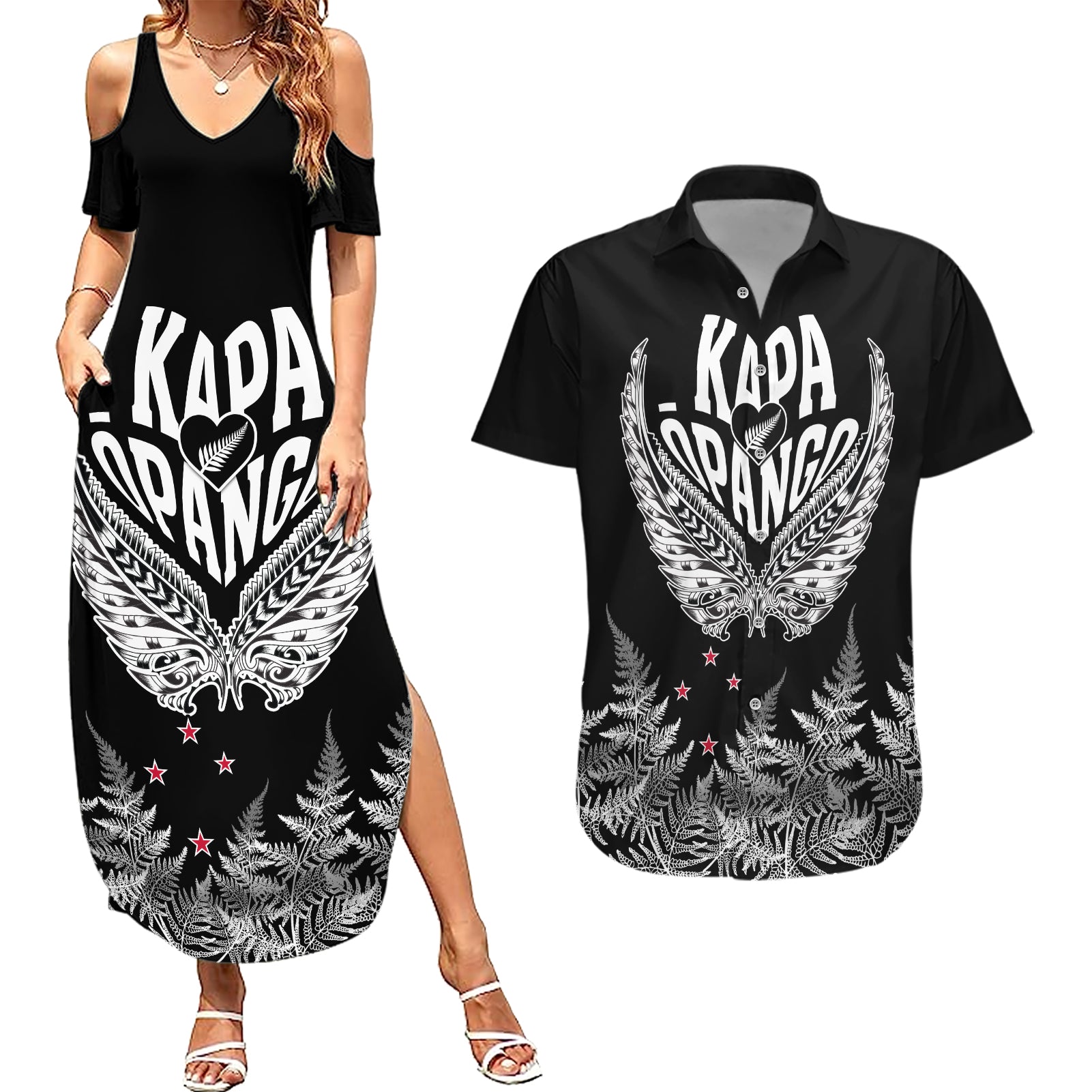 Custom New Zealand Rugby Couples Matching Summer Maxi Dress and Hawaiian Shirt NZ Opango Forever Silver Fern Heart - Wonder Print Shop