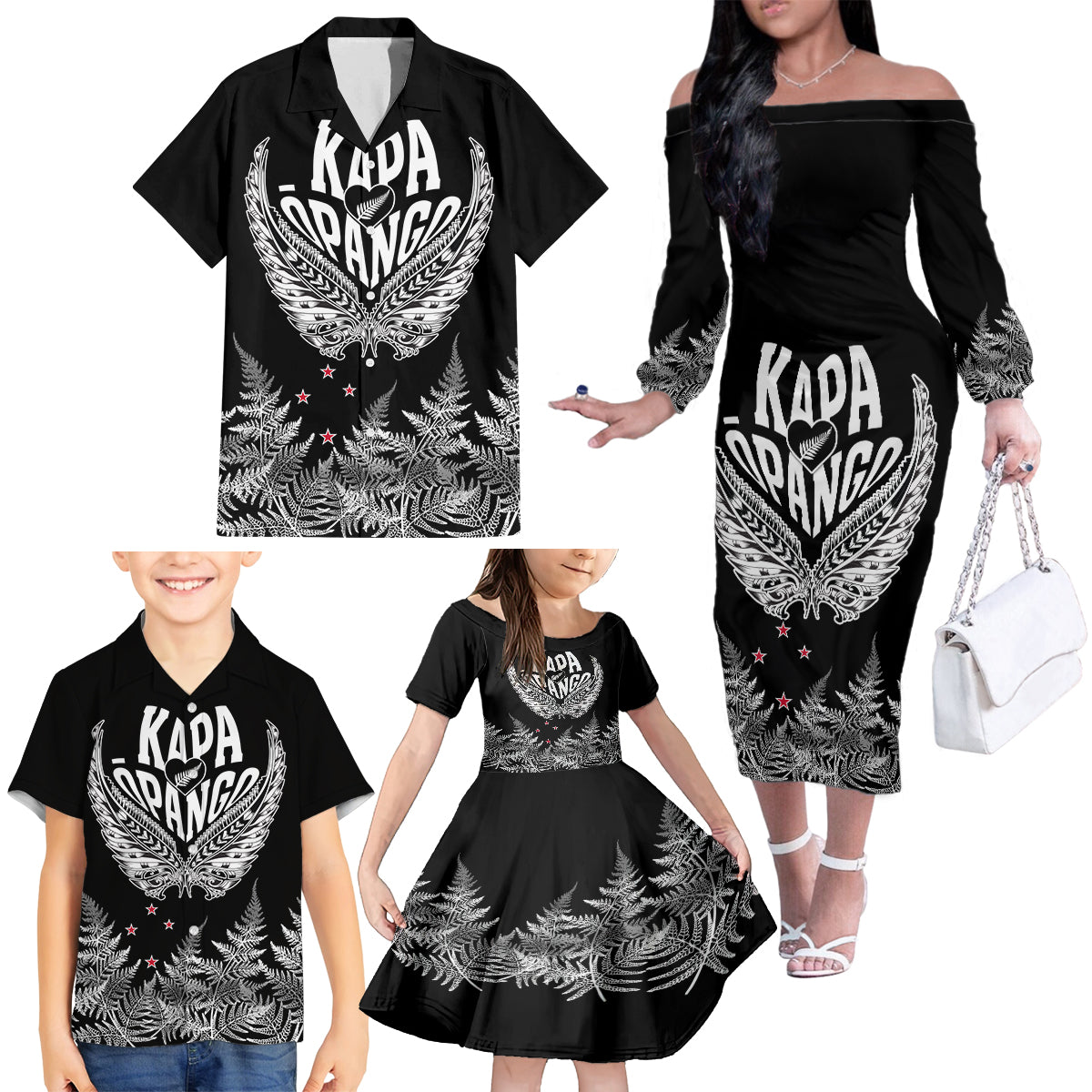 Custom New Zealand Rugby Family Matching Off Shoulder Long Sleeve Dress and Hawaiian Shirt NZ Opango Forever Silver Fern Heart - Wonder Print Shop