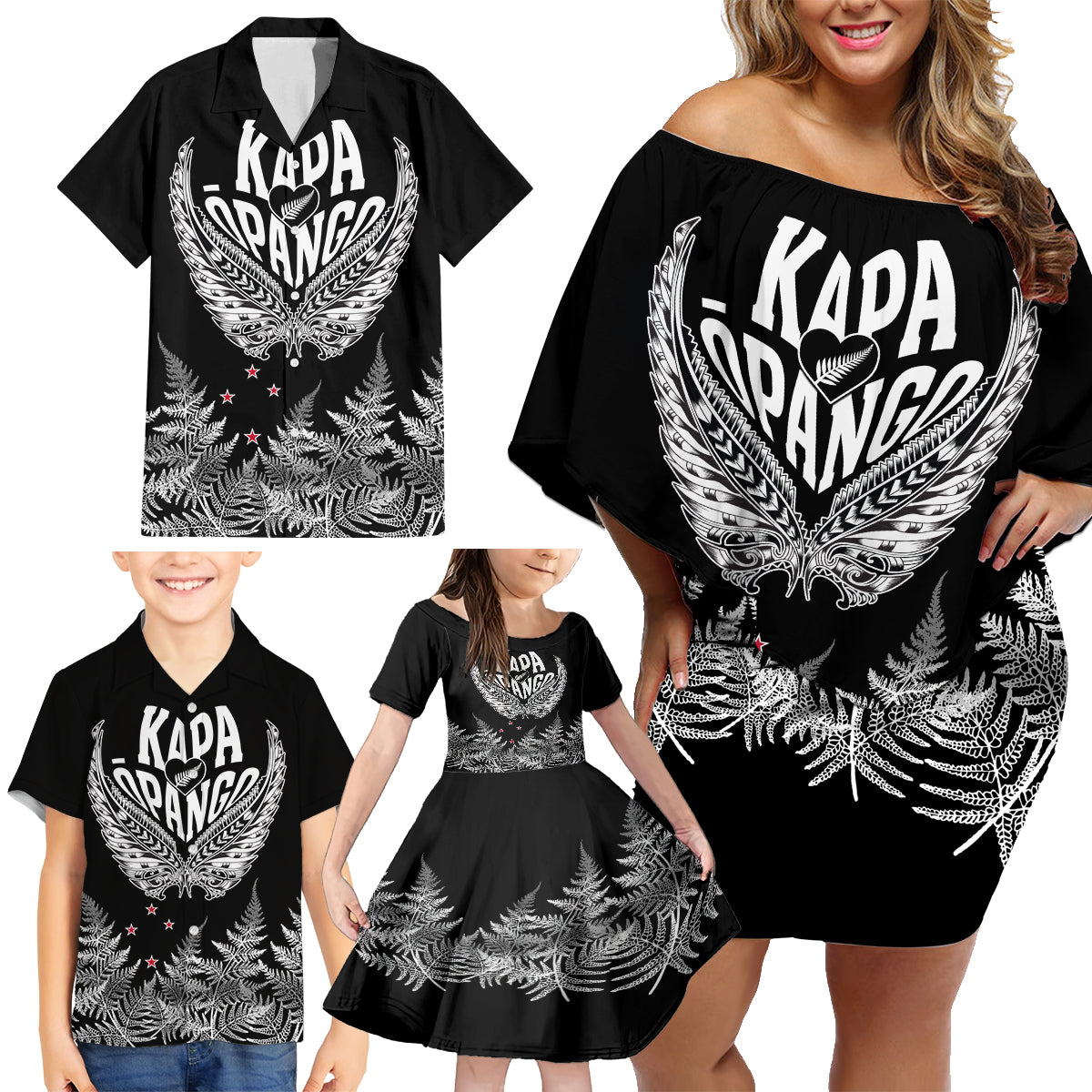 Custom New Zealand Rugby Family Matching Off Shoulder Short Dress and Hawaiian Shirt NZ Opango Forever Silver Fern Heart - Wonder Print Shop