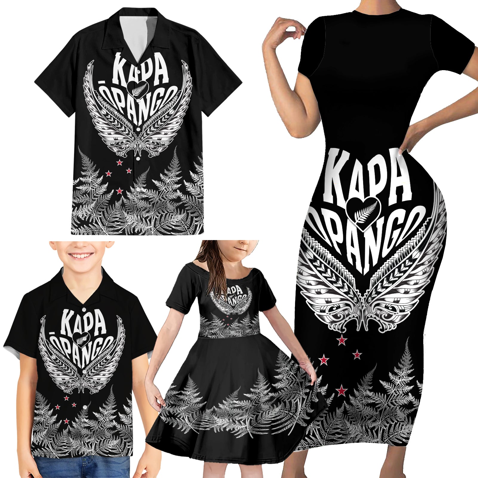 Custom New Zealand Rugby Family Matching Short Sleeve Bodycon Dress and Hawaiian Shirt NZ Opango Forever Silver Fern Heart - Wonder Print Shop