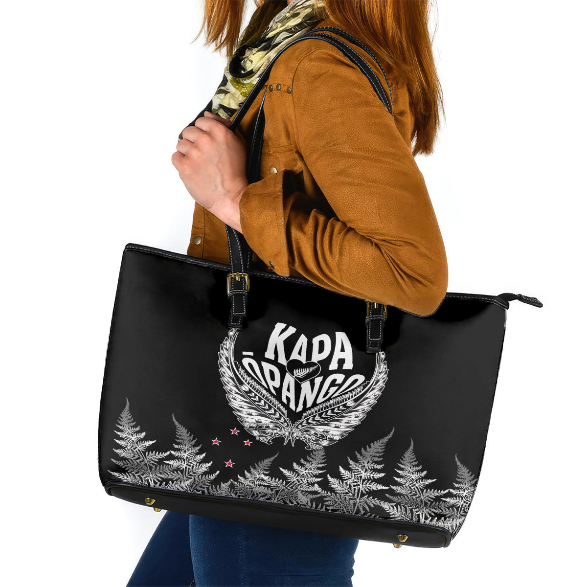 Custom New Zealand Rugby Leather Tote Bag NZ Opango Forever Silver Fern Heart - Wonder Print Shop