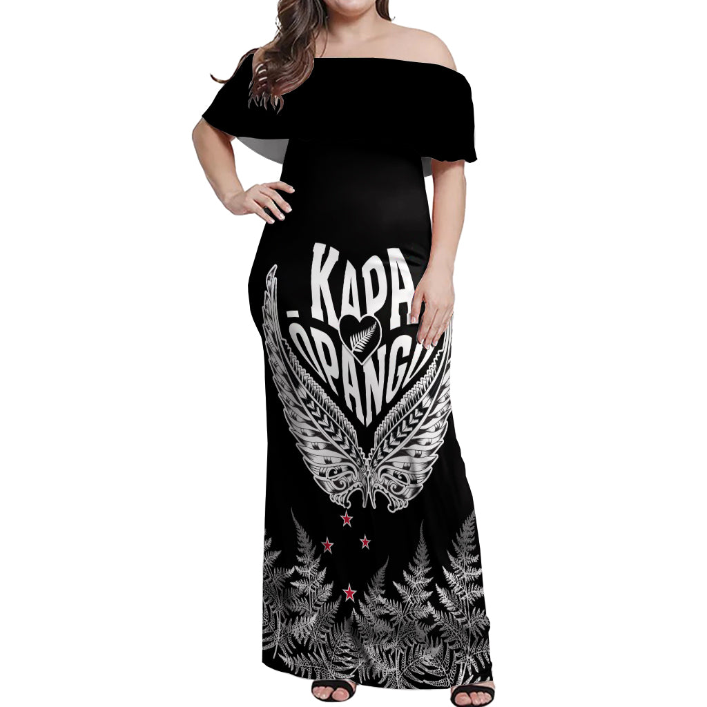 Custom New Zealand Rugby Off Shoulder Maxi Dress NZ Opango Forever Silver Fern Heart - Wonder Print Shop