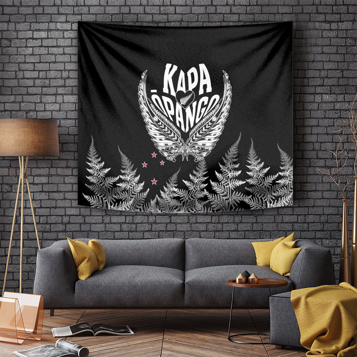 Black tapestry with silver fern heart and leaf pattern, centered bold rugby-style emblem.
