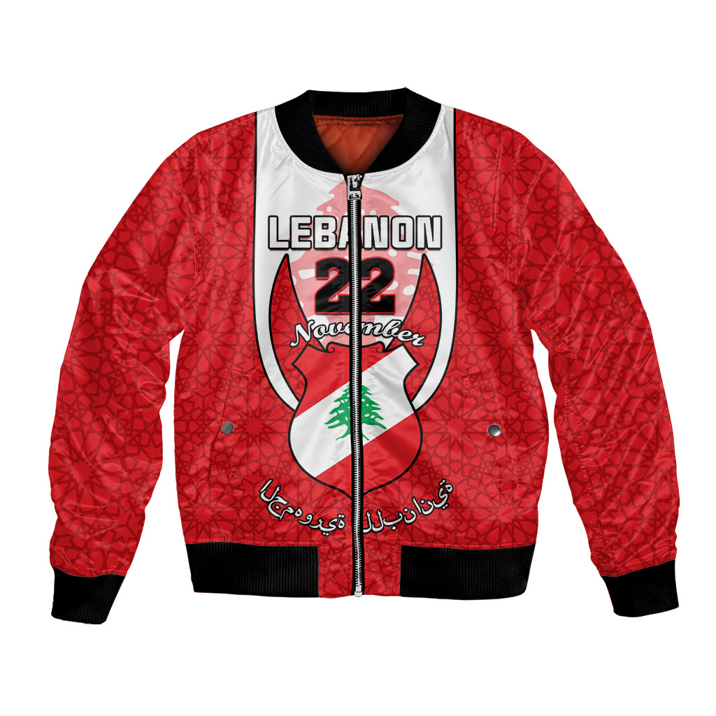 Red bomber jacket with black ribbed collar, full zipper, and Lebanon 22 coat-of-arms graphic