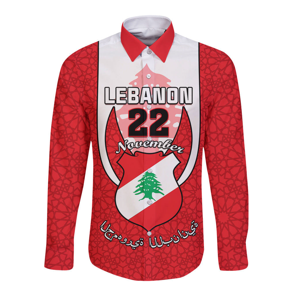 Red long sleeve button shirt with Lebanese emblem and 22 November graphic