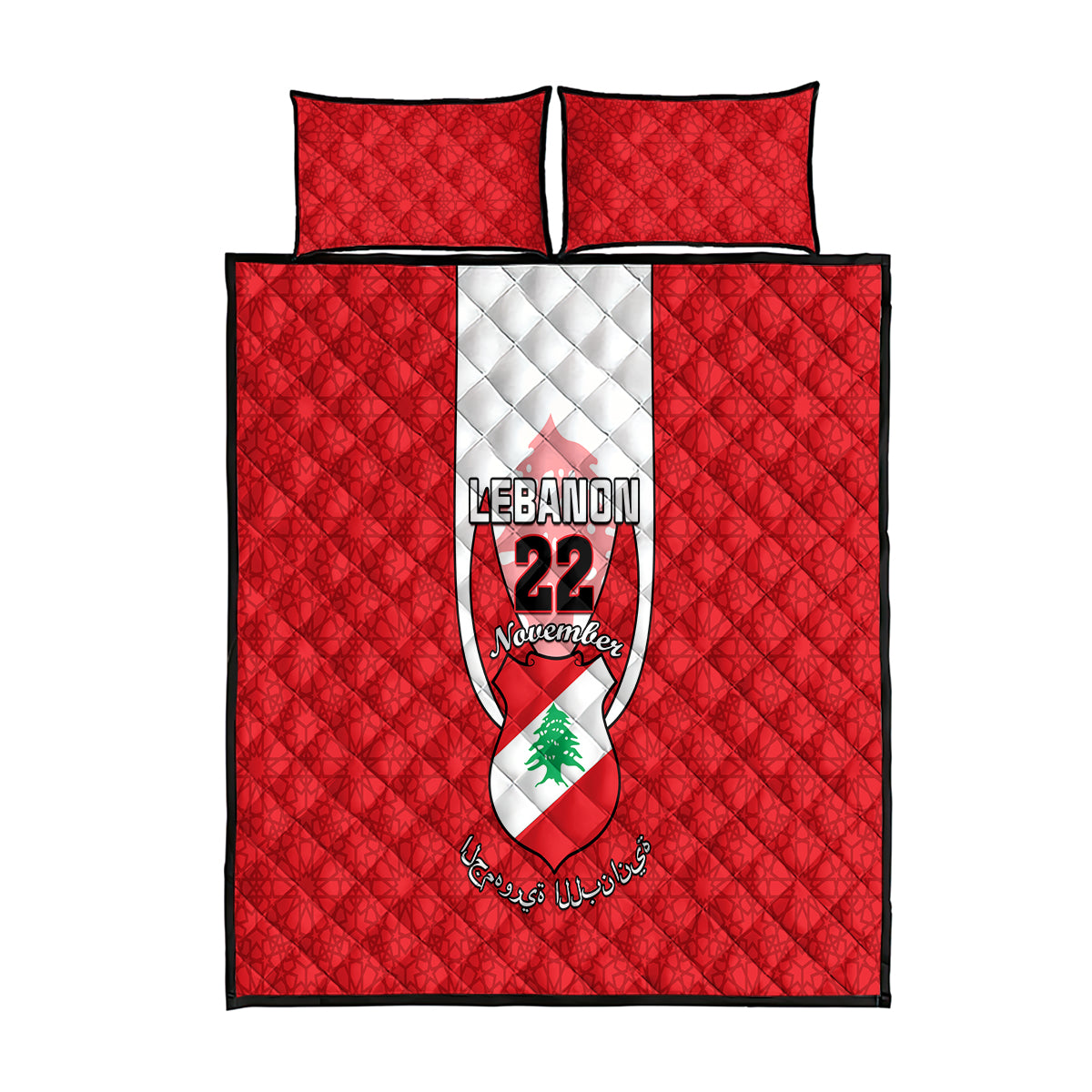 Red quilt bed set with two matching pillows and large Lebanon crest graphic