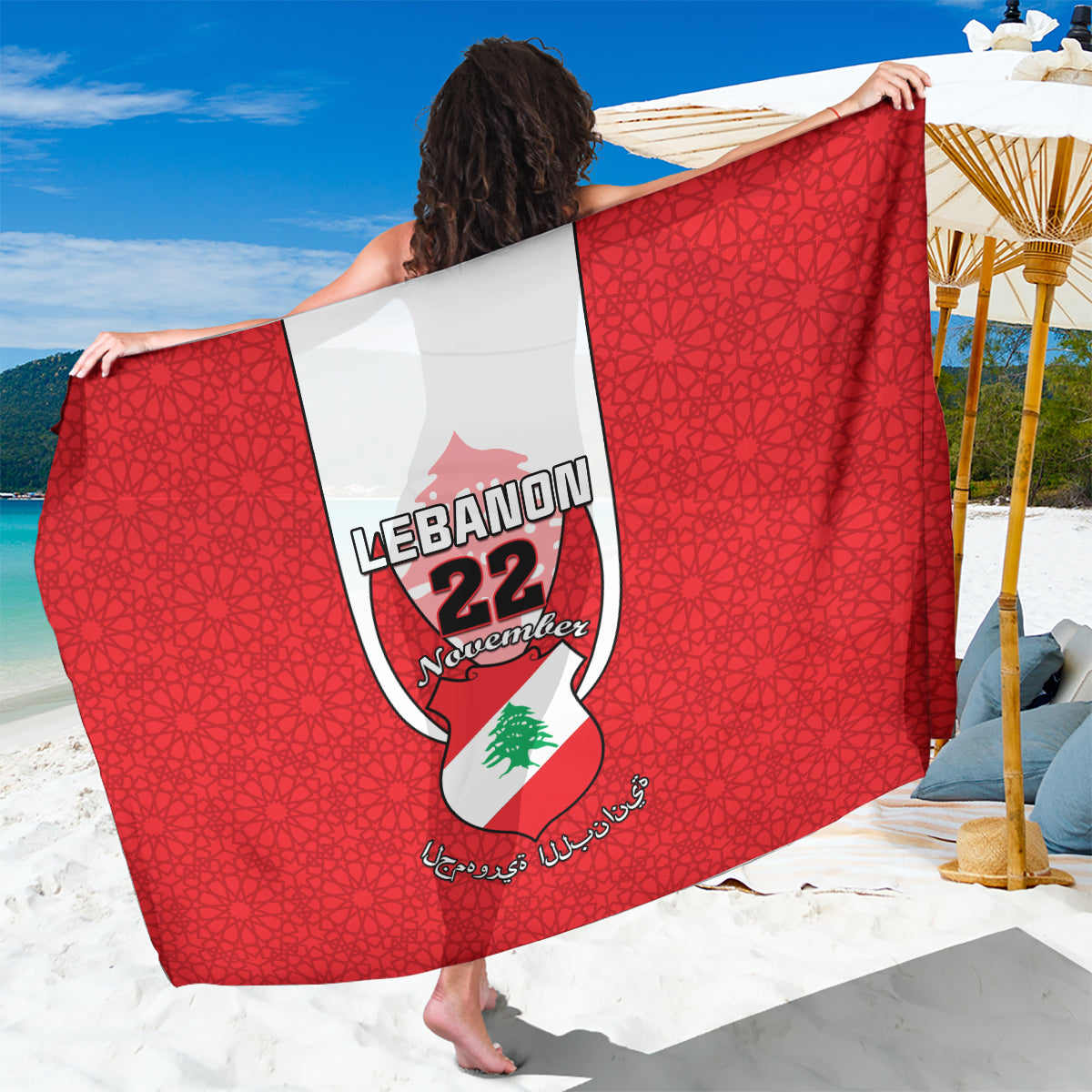 Red Lebanon emblem sarong with Islamic-style pattern, graphic center print.