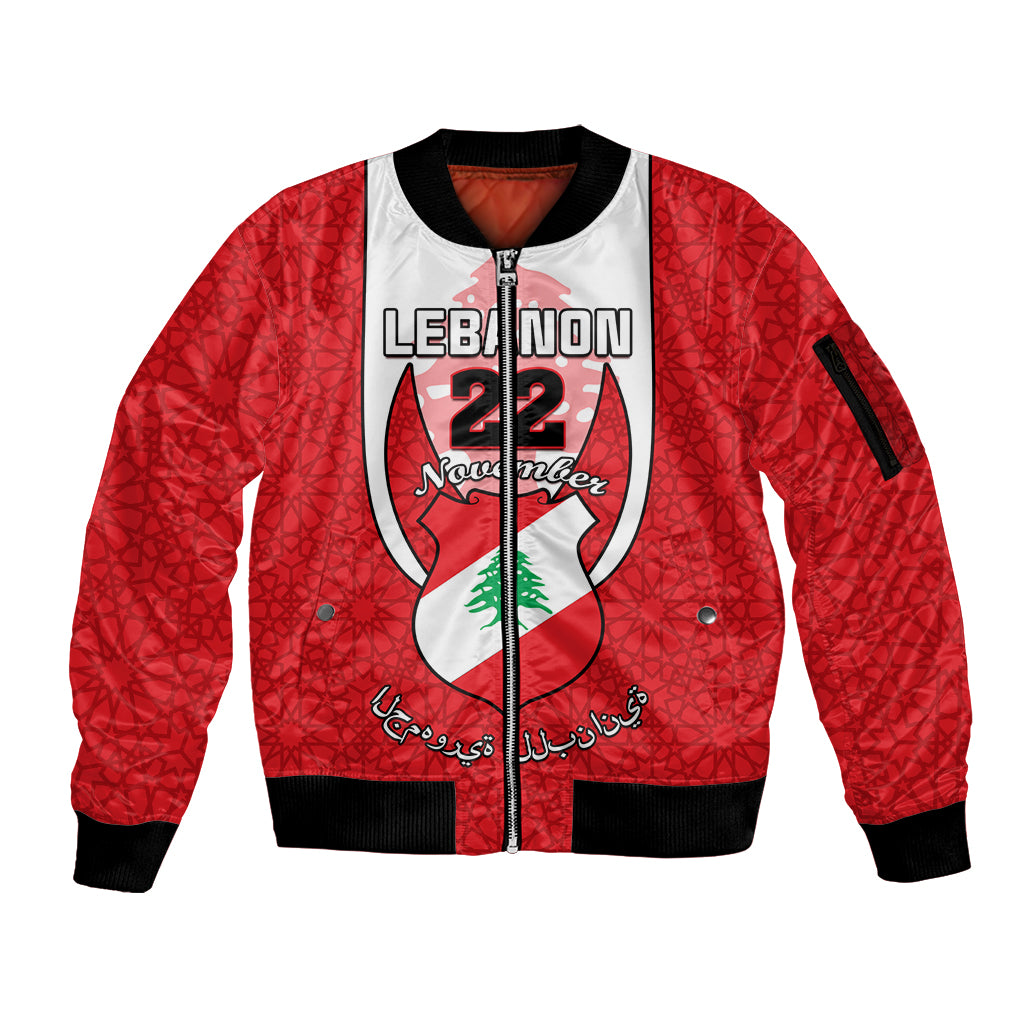 Red zip-front bomber jacket with Lebanon crest graphic and black ribbed cuffs