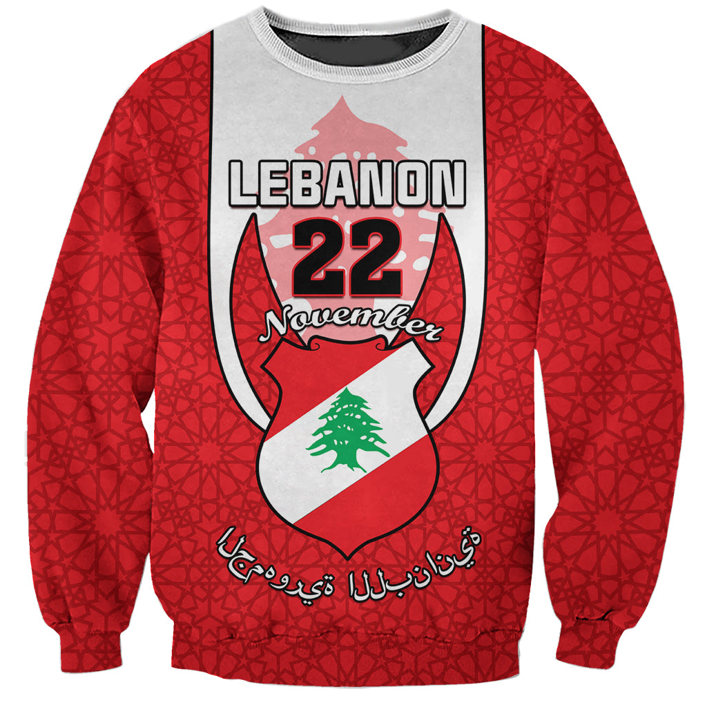 Red crewneck sweatshirt with white crest graphic, Lebanon 22 November text, long sleeves