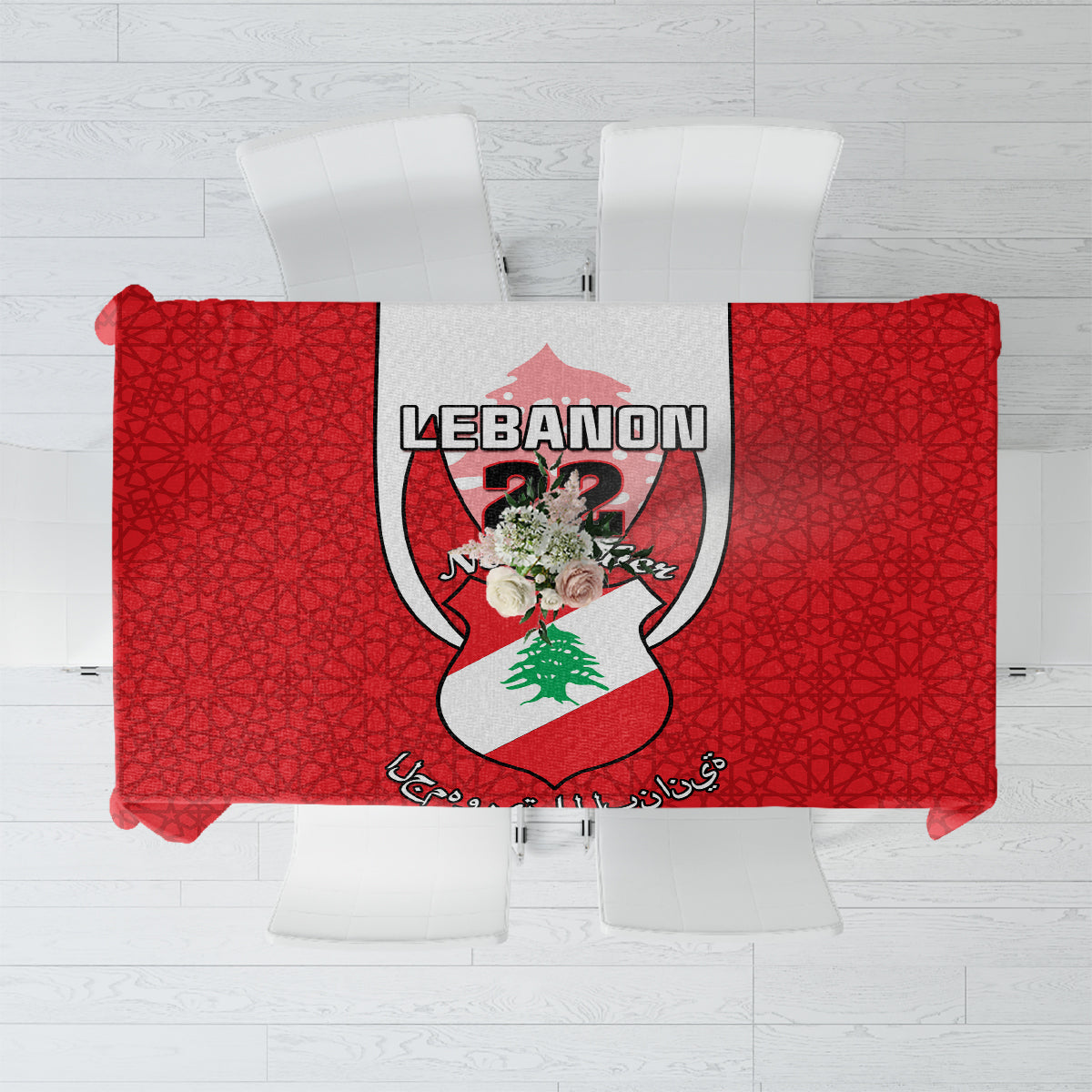 Red Lebanon themed tablecloth with central coat of arms and ornate pattern.
