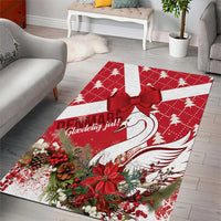 Red Christmas area rug with white swan, red bow, and seasonal floral wreath border