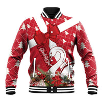 Unisex red baseball jacket with white tree print, swan graphic, and large red bow