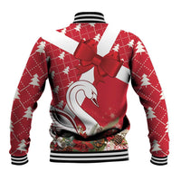 Unisex red baseball jacket back with swan outline, bow detail, white tree pattern