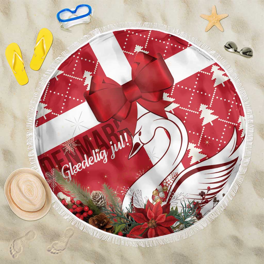 Round red and white fringed beach blanket with bow, swan graphic, holiday print