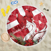 Round red and white fringed beach blanket with bow, swan graphic, holiday print