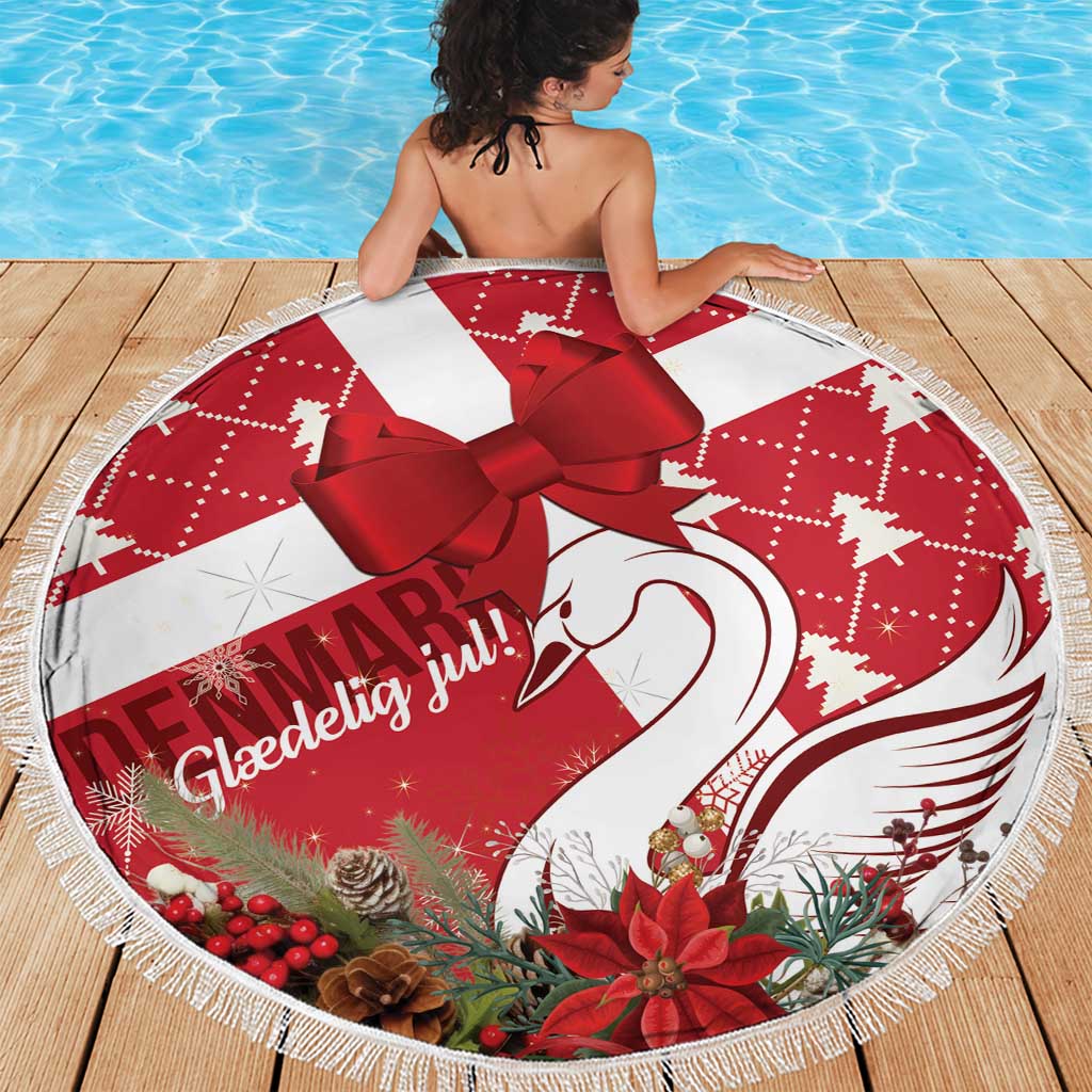 Round red and white beach blanket with large satin bow and fringed border