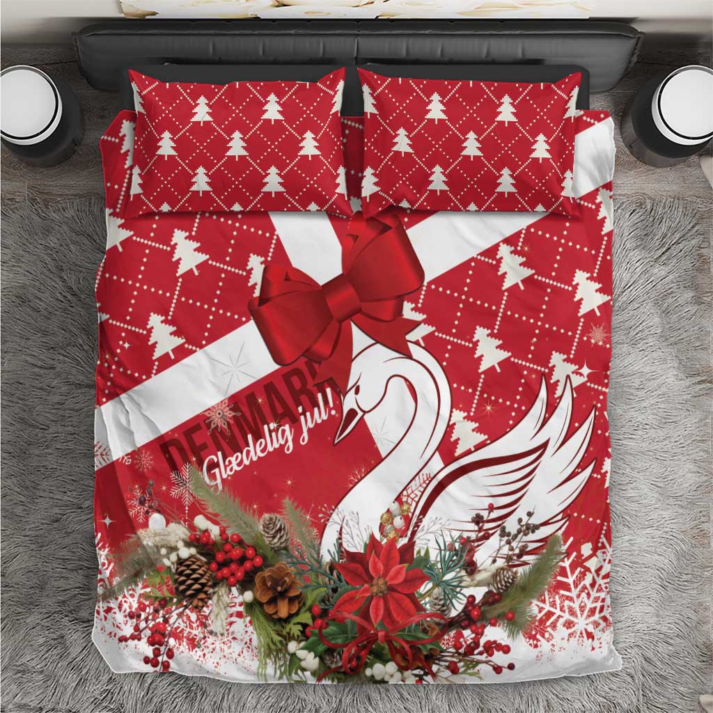 Red Christmas bedding set with pillow covers, bow detail, and swan feather print