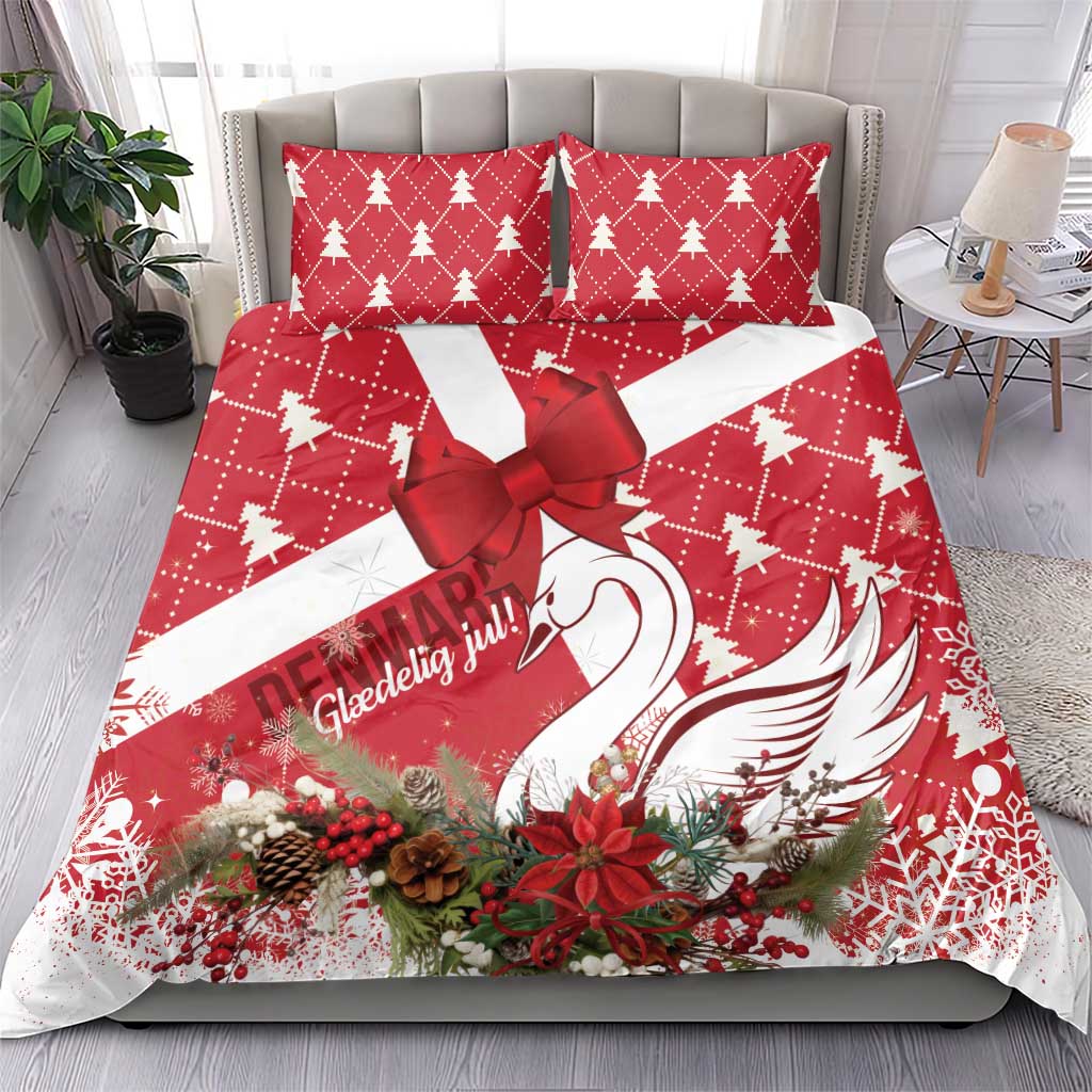 Red Christmas bedding set with white star bow and swan motif, pine tree pattern