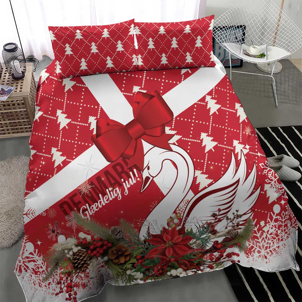 Red and white Christmas bedding set with large bow and swan feather design