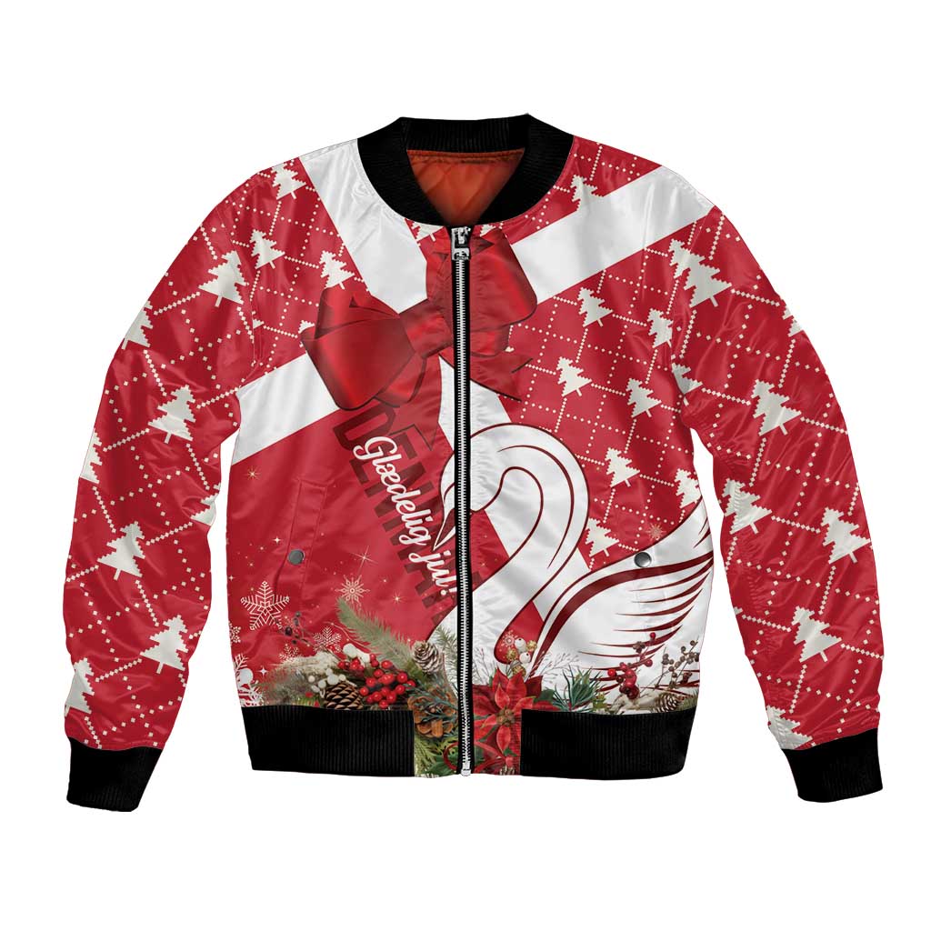 Red and white unisex bomber jacket with swan print, bow detail, and ribbed cuffs