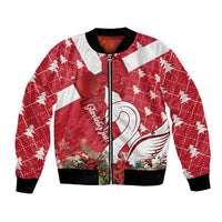 Red and white unisex bomber jacket with swan print, bow detail, and ribbed cuffs