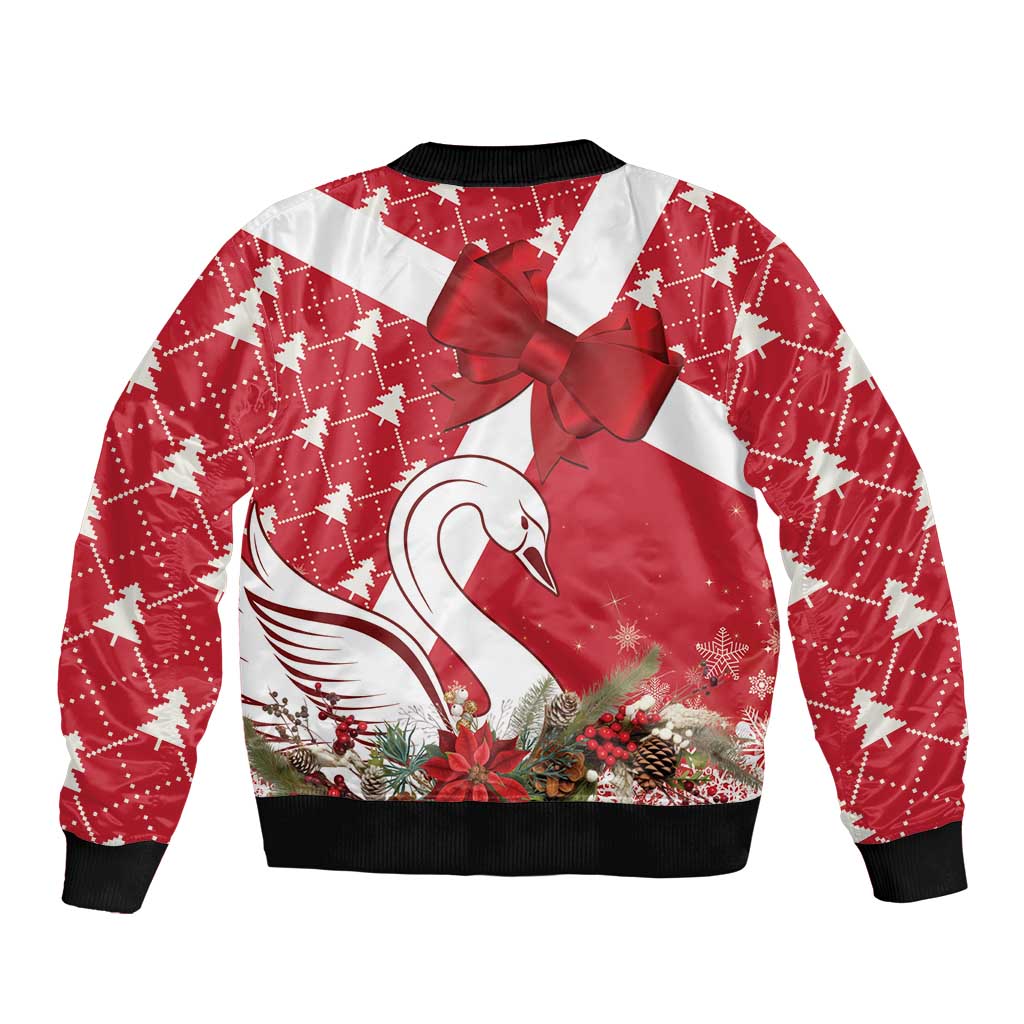 Red and white bomber jacket with swan graphic, large bow on chest, ribbed hem