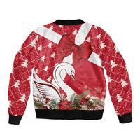 Red and white bomber jacket with swan graphic, large bow on chest, ribbed hem