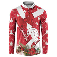 Red holiday button sweatshirt with white stripe, bow and swan graphic, long sleeves.