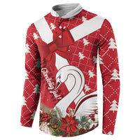Red holiday button sweatshirt with large bow detail and swan artwork, front view.