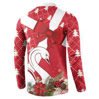 Red holiday button sweatshirt with back view showing ribbon bow and swan graphic.