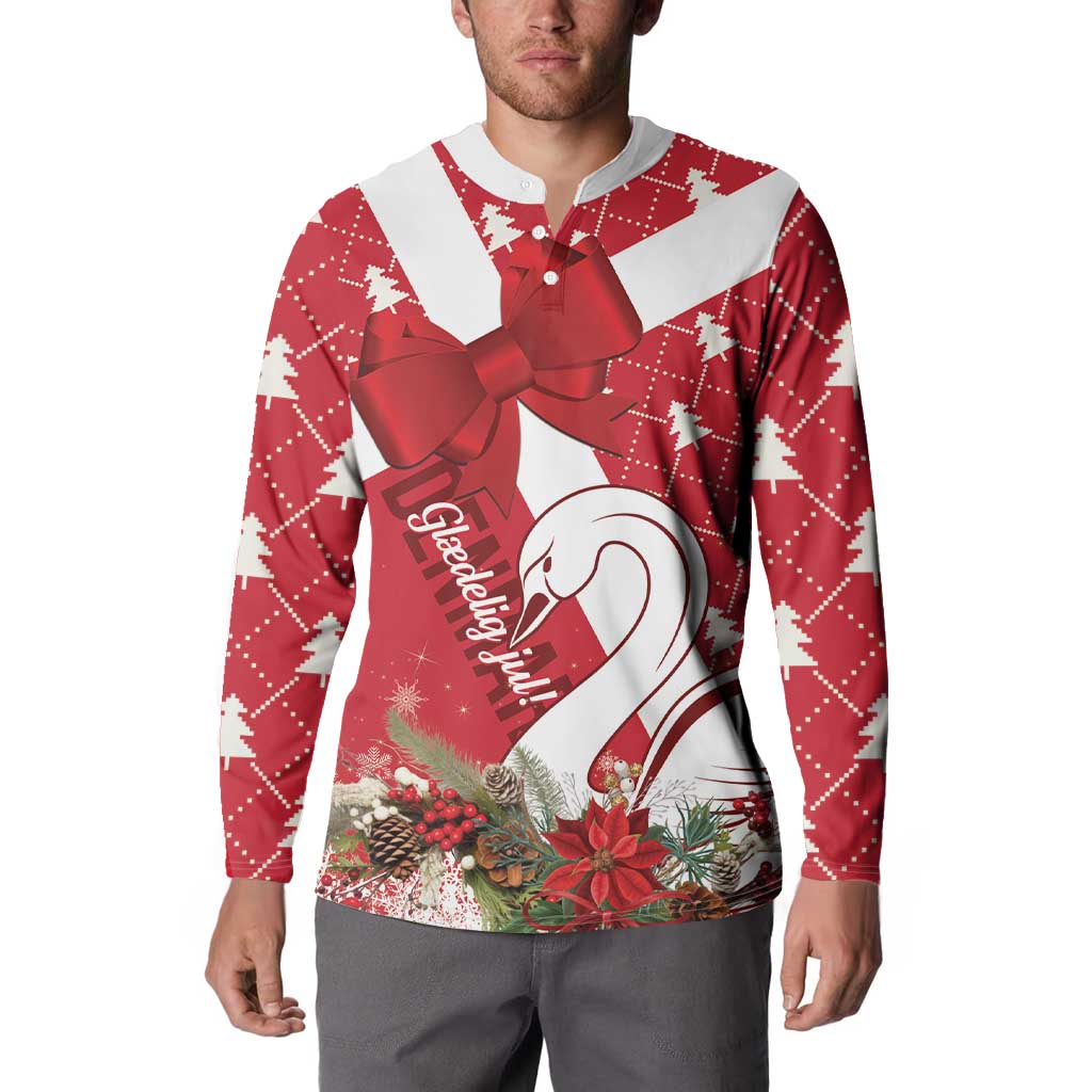 Red holiday button sweatshirt with front print of swan, bow, and poinsettias.