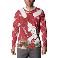 Red holiday button sweatshirt with front print of swan, bow, and poinsettias.