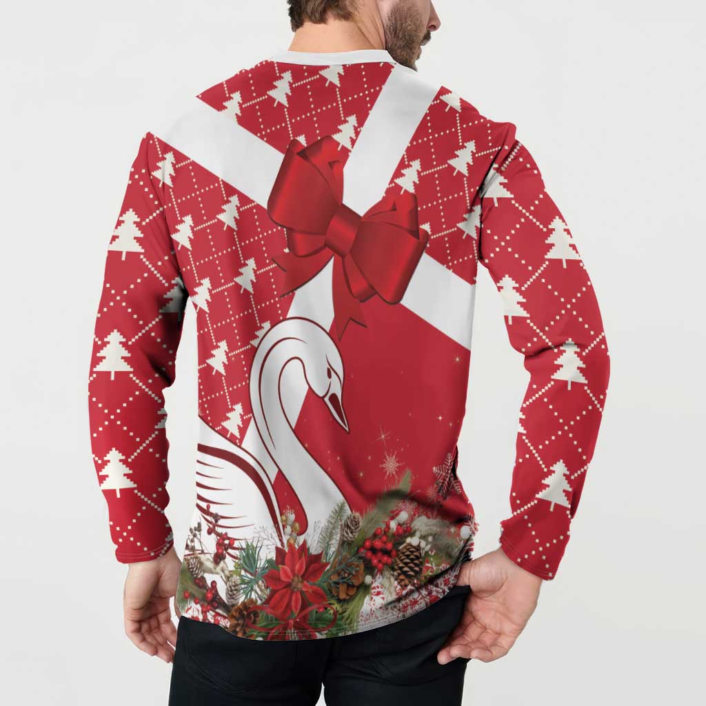 Red holiday button sweatshirt with back print of swan head and ribbon bow detail.