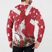 Red holiday button sweatshirt with back print of swan head and ribbon bow detail.