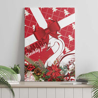 Red and white holiday canvas wall art with swan illustration, bow, and pine accents