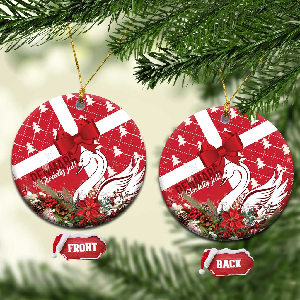 Red ceramic Christmas ornament with coquette bow and swan motif, round shape