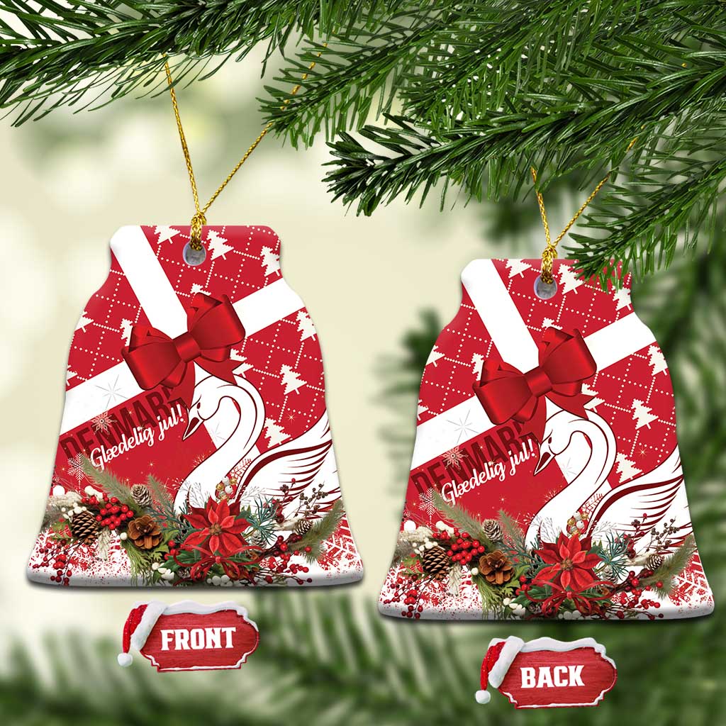 Red ceramic Christmas ornament with coquette bow and swan motif, bell shape
