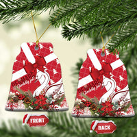 Red ceramic Christmas ornament with coquette bow and swan motif, bell shape