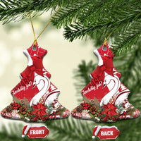 Red ceramic bell-shaped Christmas ornament with coquette bow and swan motif
