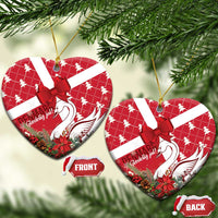 Red ceramic Christmas ornament with coquette bow and swan motif, heart shape