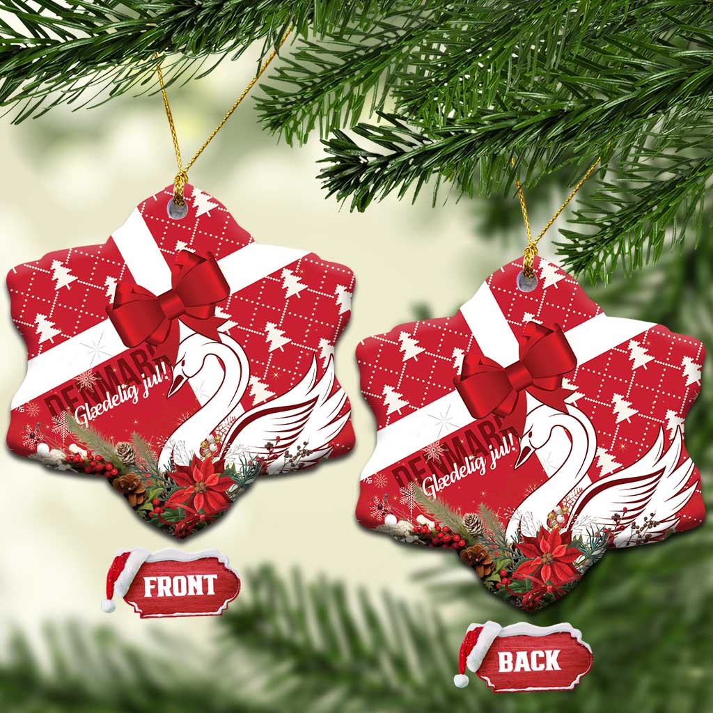 Red ceramic heart-shaped Christmas ornament with coquette bow and swan motif