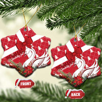 Red ceramic heart-shaped Christmas ornament with coquette bow and swan motif