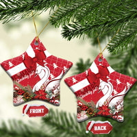 Red ceramic star-shaped Christmas ornament with coquette bow and swan motif