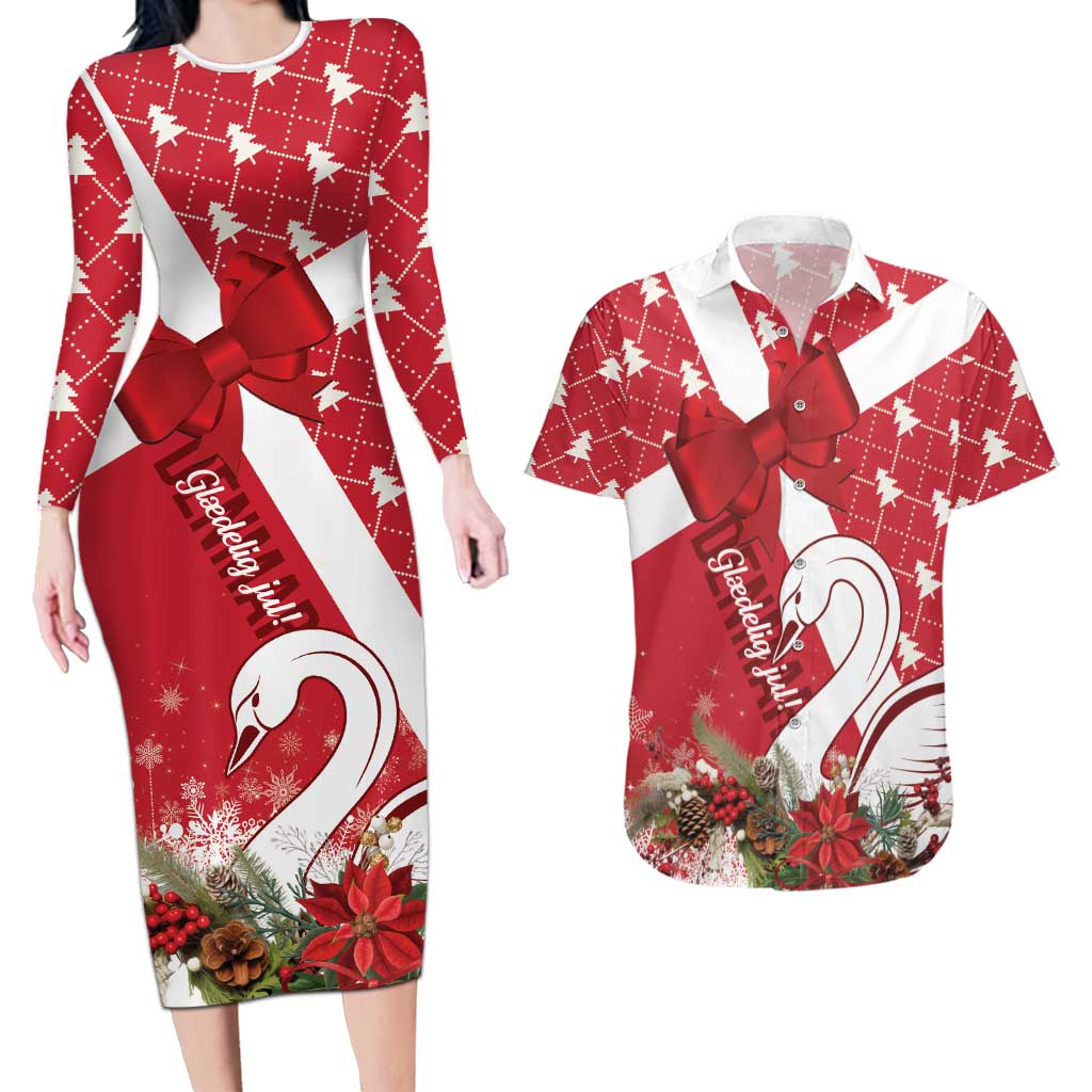 Denmark Christmas Couples Matching Long Sleeve Bodycon Dress and Hawaiian Shirt Coquette Bow With Swan - Wonder Print Shop