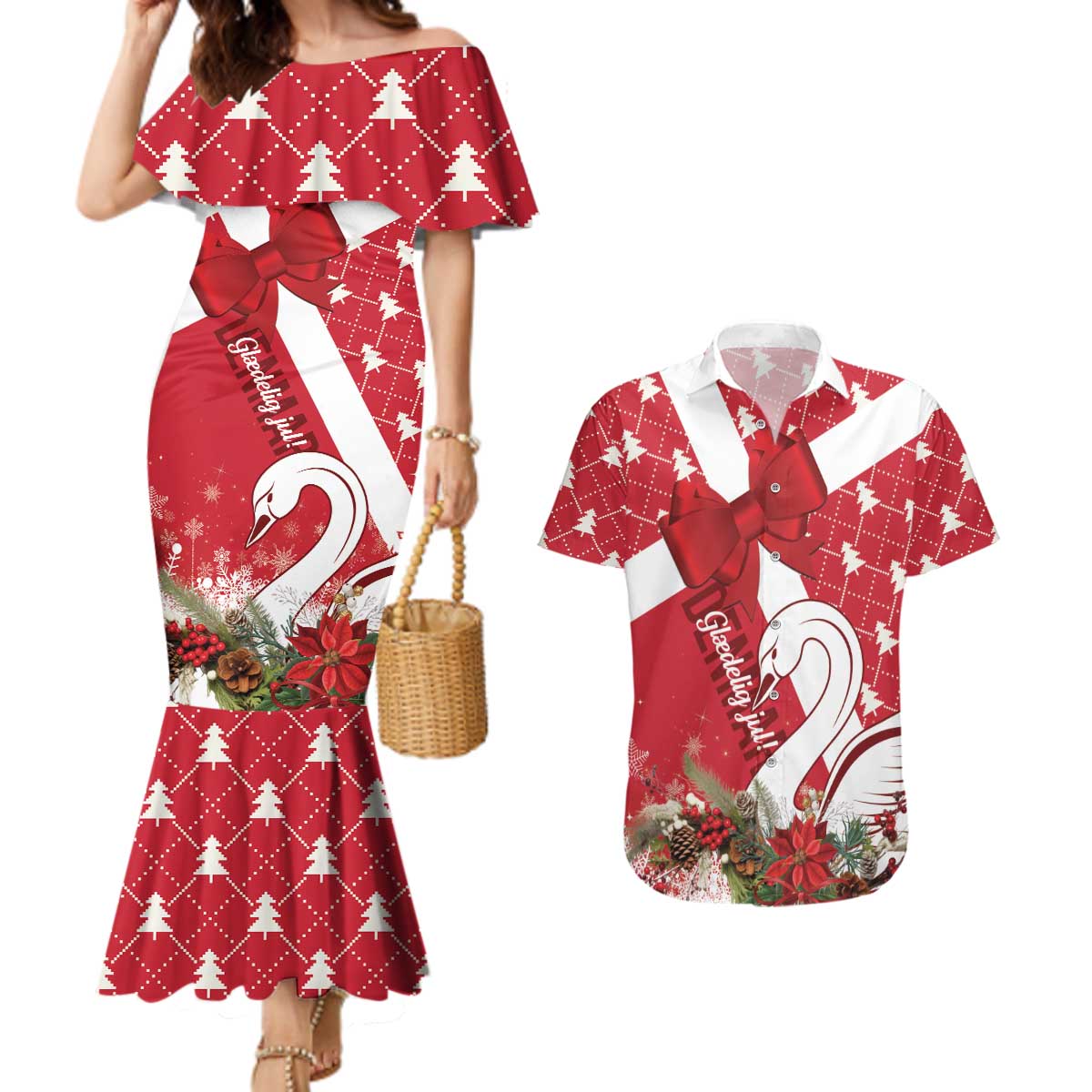 Denmark Christmas Couples Matching Mermaid Dress and Hawaiian Shirt Coquette Bow With Swan - Wonder Print Shop