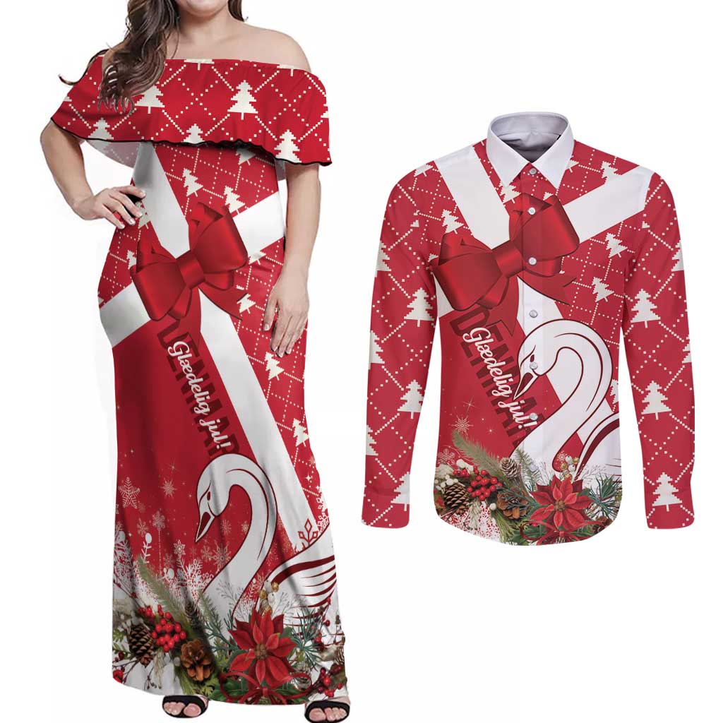 Denmark Christmas Couples Matching Off Shoulder Maxi Dress and Long Sleeve Button Shirt Coquette Bow With Swan - Wonder Print Shop